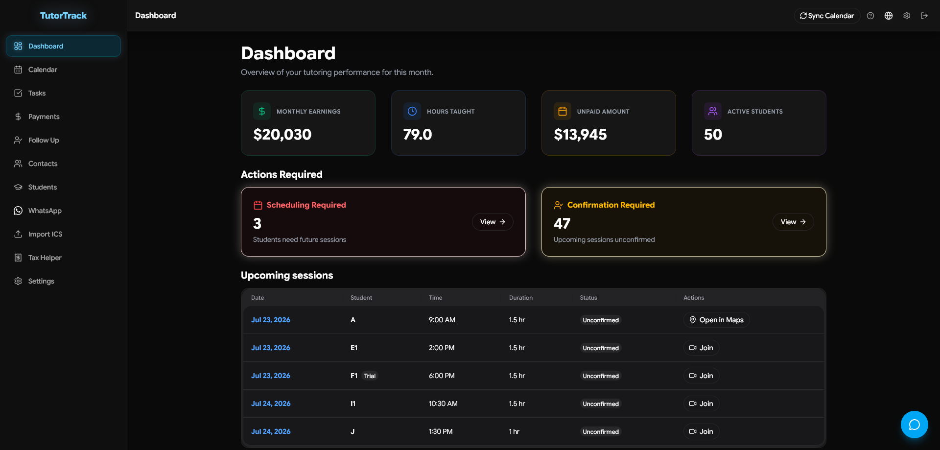 TutorTrack dashboard screenshot