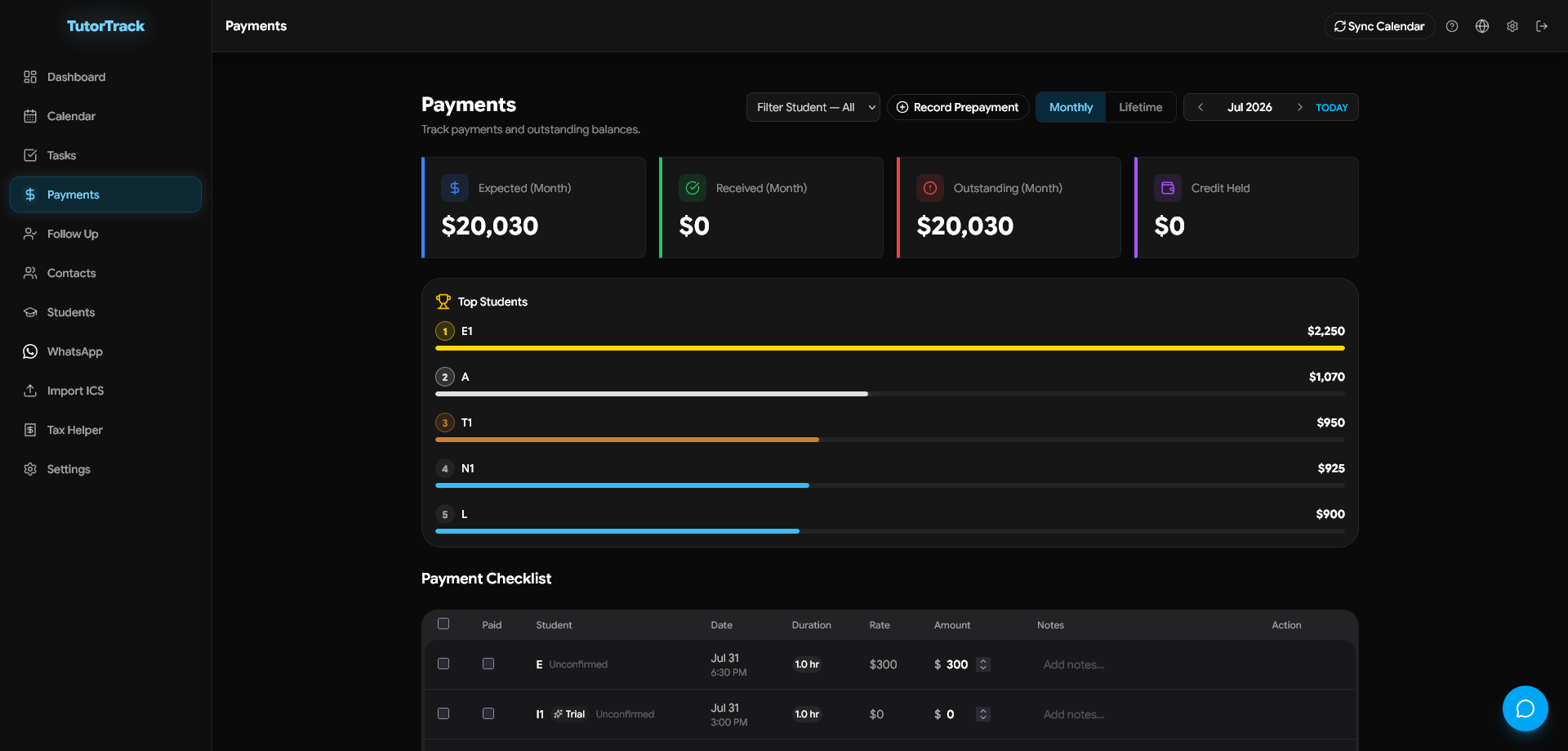 TutorTrack payment tracking screenshot